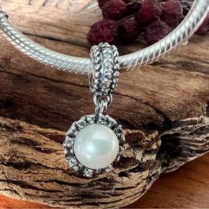 Authentic Pandora Charm Everlasting Grace  Dangle Cultured Pearl Cz Pave Luxe
